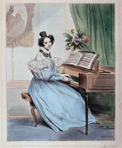 Sete horas da noite, mulher no pianoforte de Devéria, início do século XIX.