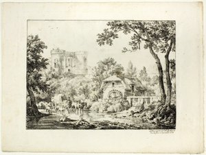 Paisagem com moinho e castelo de Achille Etna Michallon