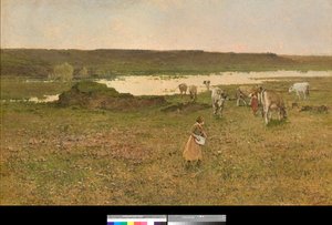 Perto de Sesto Calende, Lombardia, Itália ou "Pastoreio na planície" (near Sesto Calende, Italy or grazing in the plain) Pintura de Achille Formis (1832-1906) 1887 Coleção particular de Achille Formis Befani
