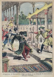 Assassinato de Nasser Ed Din (1831-1896), Xá da Pérsia (Irã) em 1896 (Também chamado Nasseredin Shah, Nasserer-al-Din Shah Qajar, Nasser al-Din Shah Qajar, Nassiruddin Shah) - Ilustração de Achille Lemot para "Le-Pelerin" de 1896 - Assassinato do