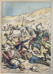 Morte do Marquês de Mores (Antoine-Amedee-Marie-Vincent) Manca de Vallombrosa (1858-1896) e seus companheiros perto de El-Ouatia (El Ouatia) na Tunísia em 1896 - Ilustração de Achille Lemot em "Le-Pelerin" de junho de 1896