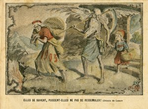 Ilustração de Achille Lemot (1846-1909) em Le Pelerin, 03/01/04 - Eles se sucedem, que não sejam os mesmos! Perseguições Injustiça - Infância, Fé Religiosa, Tempo/Tempo, Ano Novo - Marianne, Tempo (Alegoria de) - Alegoria, Oposição/Associedade de Achille Lemot