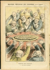 Ilustração de Achille Lemot (1846-1909) em Le Pelerin, 03/06/06 - Próxima locação das câmaras - Antiparlamentarismo, Câmara dos Deputos Hemiciclo, Galette des rois - Depute