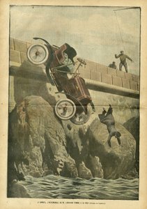 Ilustração de Achille Lemot (1846-1909) em Le Pelerin, 05/05/07 - Em Cannes, o automóvel do Sr. Liegard cai ao mar - Factos diversos, Automóvel, Marinha marítima, Catástrofes acidentais