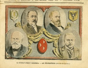 Ilustração de Achille Lemot (1846-1909) em Le Pelerin, 09/07/05 - O conflito franco-alemão os negociadores - Colonização Colónias Colonialistas, Alemanha Prússia, Marrocos, França, Tânger - Rouvier Maurice (1842-1911), Bulow Bernhard von (1849-1929), Rad de Achille Lemot