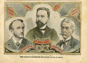 Ilustração de Achille Lemot (1846-1909) em Le Pelerin, 23/10/04 - Três excomunhões radicais do Bloco - Finanças Orçamentárias, Presidente da República, Náutica Marítima Balneaire, Bloco das esquerdas, Indochina, Obras Públicas - Doumer Paul (1857-1932),