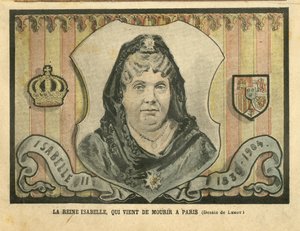 Ilustração de Achille Lemot (1846-1909) em Le Pelerin, 24/04/04 - Rainha Isabelle, que acaba de morrer em Paris - Paris, Espanha, Monarquia, Soberana Estrangeira - Isabella II da Espanha (1830-1904) de Achille Lemot
