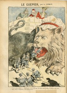 Ilustração de Achille Lemot (1846-1909) em Le Pelerin, 25/08/07 - Le Guepier - Guerra, Alemanha Prússia, Inglaterra, Grã-Bretanha, Espanha, Marinha de Guerra - Leão/Tigre