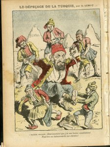 Ilustração de Achille Lemot (1846-1909) em Le Pelerin, 25/10/08 - A depecagem da Turquia - Turquia, Fé religiosa, Balcãs, Bulgária, Bósnia Herzegóvina, Creta, Catolicismo católico - Abdul-Hamid II (1842-1918)