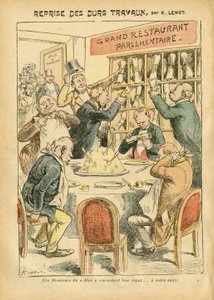 Ilustração de Achille Lemot (1846-1909) em Le Pelerin, 27/10/07 - Retomada do trabalho árduo - Antiparlamentarismo, Cafés Restaurantes, Câmara dos Deputos Hemiciclo, Bloco das esquerdas, Placa au beurre - Depute - Metaphore alimentaire