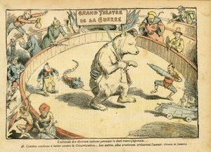 Ilustração de Achille Lemot (1846-1909) em Le Pelerin, 28/02/04 - A atitude de várias nações... - Rússia, Guerra Rússia-Japonesa - Combes Emile, Bear, Fair Bear - Animalisation, Carnaval/Jogo/Circus