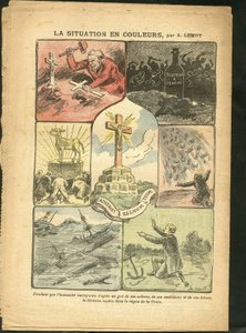 Ilustração de Achille Lemot (1846-1909) em Le Pelerin, 28/02/09 - A situação em cores - Religião Fé, Marinha marítima, Ateísmo, Acidentes, Desastres Naturais, Cruz Cristã, Catolicismo Católico - Bezerro de Ouro