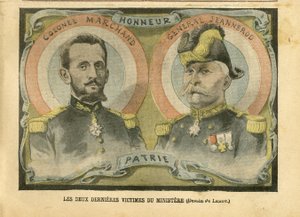 Ilustração de Achille Lemot (1846-1909) em Le Pelerin, 29/05/04 - As duas últimas vítimas do ministério - Armee, Ministere de la guerre, Patriotisme - Laicisation Laicite Lois laiques - Marchand Jean-Baptiste (1863-1924), General Generaux, Jeannerod Gaspa