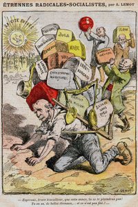 Radical-Socialistas (radicais socialistas): desenho animado de Achille Lemot (1846-1909) em Le Pelerin (1909) - um trabalhador cai sob a carga de impostos, impostos e inconvenientes resultantes da má gestão do governo e de Georges Clemenceau - greves, d
