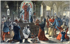 A devoção a Santo António de Pádua reúne diante do seu altar todas as classes da sociedade - Ilustração de Achille Lemot em "Le-Pelerin" de 1896 de Achille Lemot