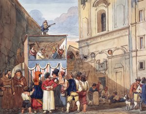 Teatro de marionetes na igreja romana de Saints Quirico e Giuditta, de Achille Pinelli (1809-1841), aguarela, detalhe, Itália