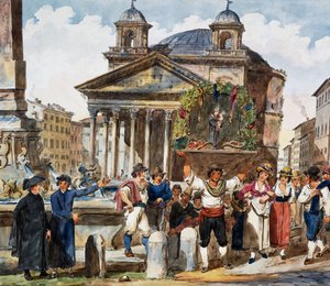 Festival Strawberry no Pantheon em Roma, Aquarela de Achille Pinelli (1809-1841), Itália