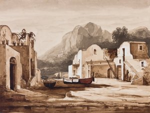 Aldeia costeira napolitana, possivelmente Capri com Monte Solaro, com adições pelo Príncipe Alfonso Maria di Borbone (1841-1934) (lápis, lavagens sépia e guache sobre papel)
