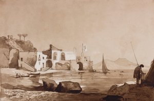 Porto voando a bandeira Borbone com o Vesúvio para o sul, com acréscimos por uma pupila Borbone (lápis, tinta sépia e guache sobre papel)