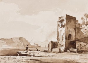 Possivelmente uma vista de Posillipo, com o Vesúvio à distância, com acréscimos de uma pupila Borbone (lápis e sépia lavados no papel) de Achille Vianelli
