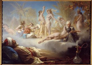 O sonho do crente Um muçulmano adormecido depois de fumar o sonho narguilé dos dançarinos orientais. Pintura de Aquiles Zo (1826-1901) Sol do século XIX. 1,04x1,58 m Bayonne, Musee Bonnat