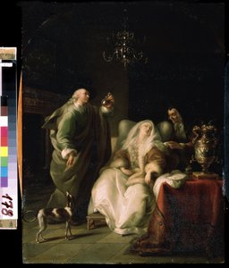 "A Consulta do Médico" (Mulher Doente e um Médico) O médico examina um frasco de urina durante a consulta de uma senhora doente. Pintura de Adam Braun (1748-1827) Mikhail Kroshitsky Art Museum, Sevastopol (Sebastopol) Ucrânia de Adam Braun