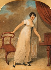 Retrato de uma senhora, de pé em um vestido branco de piano, 1801