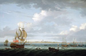 Navegação ao largo de Madras (Índia), com uma descrição do porto e da cidade e a bandeira britânica hasteada sobre o Forte Saint George, que evoca o aumento das dificuldades na Índia para o Império Britânico