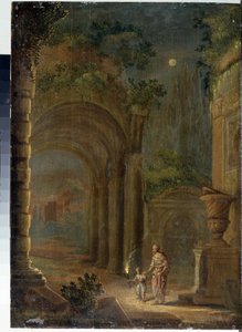 "Ruined Landscape in Moonlight" Pintura de Adam Elsheimer (1578-1610) Palácio do Museu Estadual ao Ar Livre Gatchina, São Petersburgo, Rússia