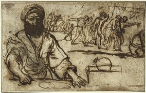 Homem barbudo sentado, com uma procissão de pessoas e cavaleiros ao fundo de Adam Elsheimer