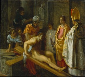 O retábulo de Frankfurt da Exaltação da Vera Cruz: A prova da cruz (ao centro à direita) de Adam Elsheimer