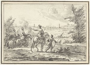 Cavaleiros numa colina em frente de uma cidade de Adam Frans van der Meulen (possibly)