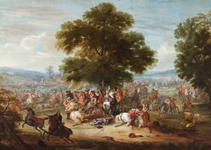 Um combate de cavalaria numa paisagem arborizada, com uma ponte ao longe (óleo sobre tela)