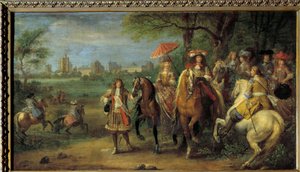 Rei Luís XIV (1638-1715) e Rainha Maria-Therese da Áustria (1638-1683) caminhando em frente ao castelo de Vincennes em 1669 Pintura de Adam Frans Van der Meulen (1632-1690) de Adam Frans van der Meulen