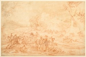 Paisagem, com um ataque a uma caravana de autocarros de Adam Frans van der Meulen