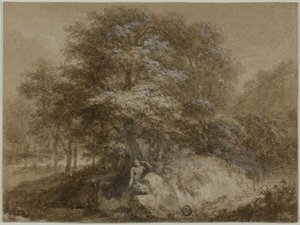 Bosque sombrio com ninfa sentada debaixo de uma árvore de Adam Friedrich Oeser