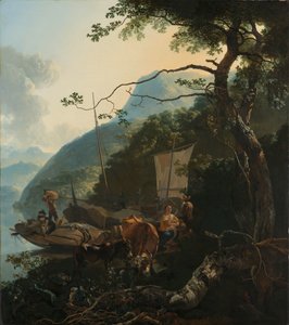 Barqueiros atracados na margem de um lago italiano
Barqueiros atracados na margem de um lago italiano; talvez com o objectivo de representar o voo para o Egipto