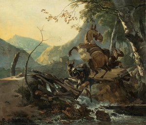 Paisagem italianizada com dois burros a atravessar uma ponte que se desmorona de Adam Pynacker