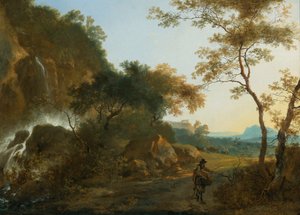 Paisagem italianizada com um viajante num caminho junto a uma cascata de Adam Pynacker