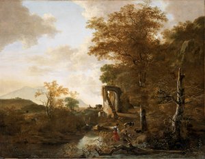 Paisagem com portal em arco (Paisagem com portal de pedra e lago) de Adam Pynacker