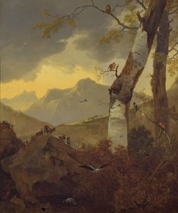 Paisagem montanhosa com cabras e pássaros, c.1657