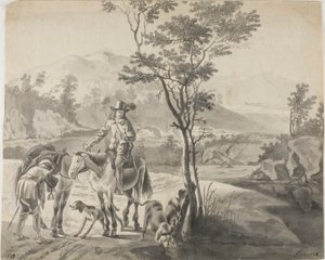 Cavaleiros e cães em paisagens rochosas de Adam Pynacker