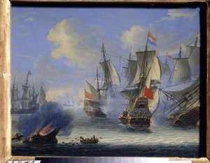 Batalha naval (uma batalha marítima). Pintura de Adam Silo (1674-1757). Óleo sobre tela, 25 x 33,5 cm. Arte holandesa, arte barroca. Museu de Arte do Estado, Tula (ou Tolan).