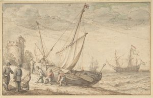 Pescadores transportando seu barco para a costa, s.d.. de Adam Willaerts