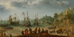 Navios fora de uma costa rochosa, 1621