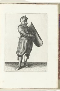 O exercício com o targe e o florete: o soldado segura o alvo ligeiramente para a frente para puxar o florete (n.º 4), 1618 O Nassausche Wapen-Handelinge, van Schilt, Spies, Rappier and the Targe: beyde figuerlick retratado, e o emoldurado após a nova ordem
