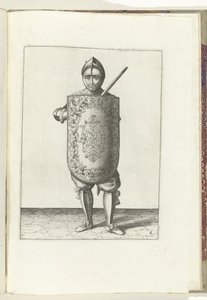 A broca com o alvo e o florete: o soldado segura o alvo na frente do peito e o florete puxado contra o ombro esquerdo (n.º 6), 1618 O Nassausche Wapen-Handelinge, van Schilt, Spies, Rappier and the Targe: beyde figuerlick retratado, final emoldurado após o de Adam van Breen