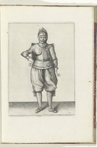 O exercício com a carga e o espadim: o soldado em repouso com a carga nas costas (n.º 1), 1618
De Nassausche Wapen-Handelinge, van Schilt, Spies, Rappier ende Targe : beyde figuerlick afgebebeelt, ende gestelt na de nieuwe ordening [van] (...) Maurits van de Adam van Breen