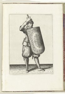 A broca com o targe e o florete: como o soldado deve fechar a viseira do seu capacete com o targe e o florete puxado na mão (n.º 7), 1618 O Nassausche Wapen-Handelinge, van Schilt, Spies, Rappier and the Targe: beyde figuerlick retratado, e o