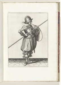 O exercício de escudo e espiga: o soldado move o espigão para a posição de arrasto em duas vezes, primeiro movimento (nº 13), 1618 O Nassausche Wapen-Handelinge, van Schilt, Spies, Rappier and the Targe : beyde figuerlick retratado, final emoldurado após o de Adam van Breen